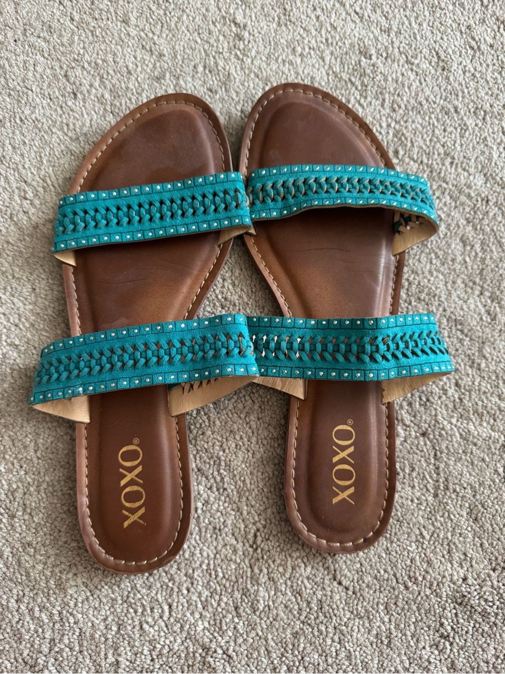XOXO Brown Footbed Slide Sandals with Teal Braided Straps